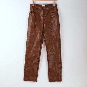 Aritzia Wilfred Rebel Vegan Leather Pants High Waisted Straight Leg Brown - 8